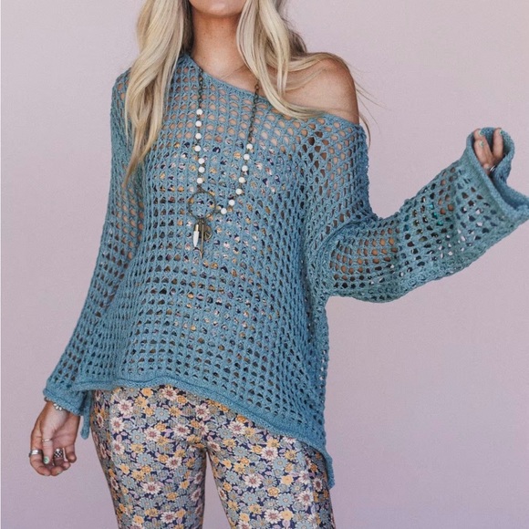 POL- NWOT Teal Crochet Knit Top - Picture 5 of 10